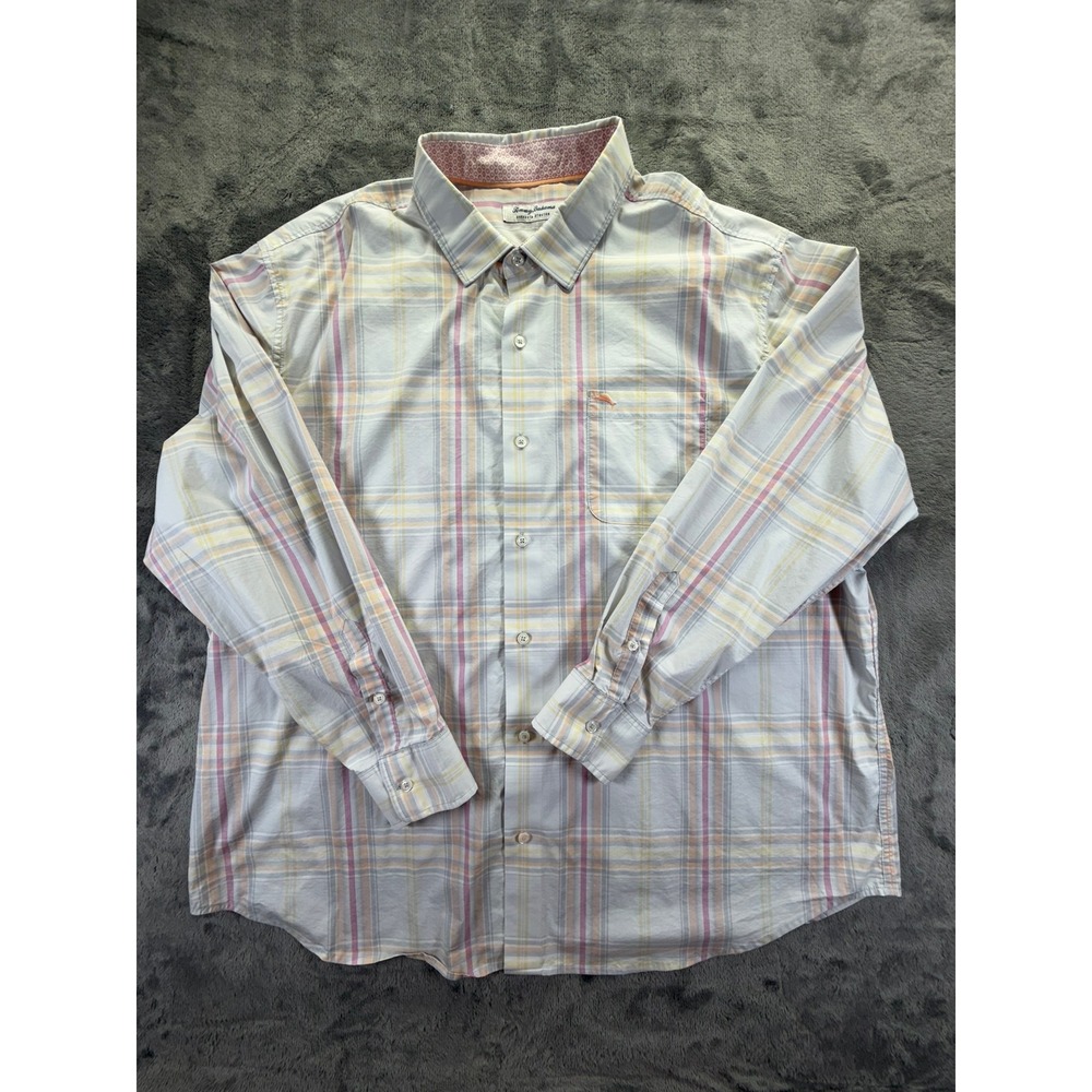 Tommy Bahama Sarasota Stretch Plaid Button Down Shirt Mens 2XLB Pink Orange Blue